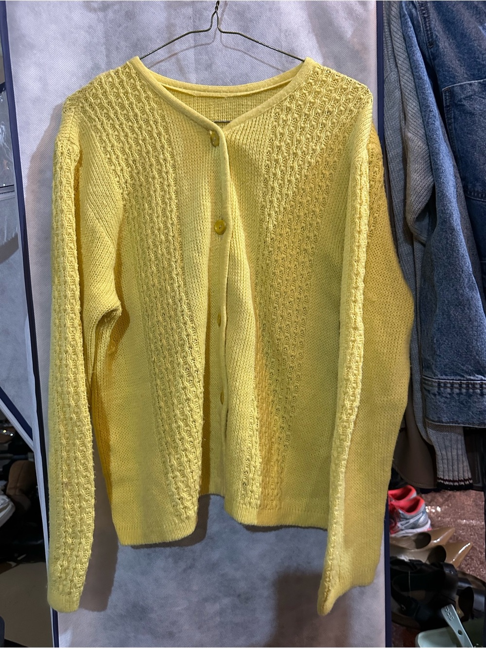 Vintage Butter Yellow Knit Button-Front Women's Sweater Cardigan - Picture 3 of 6